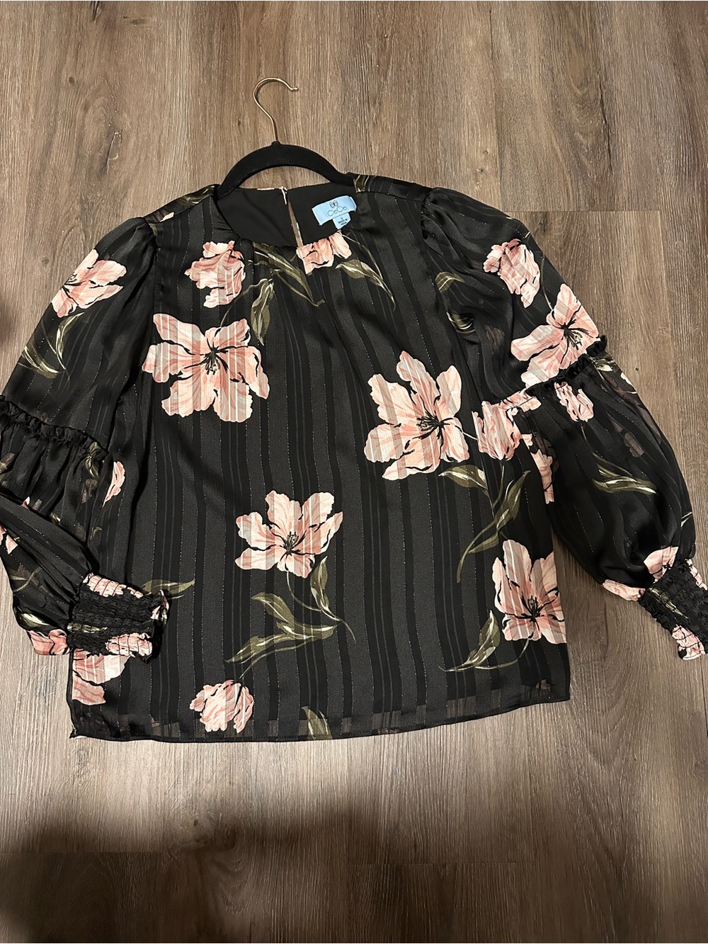 Black Floral Blouse with Pink Blooms and Smocked Cuffs Small